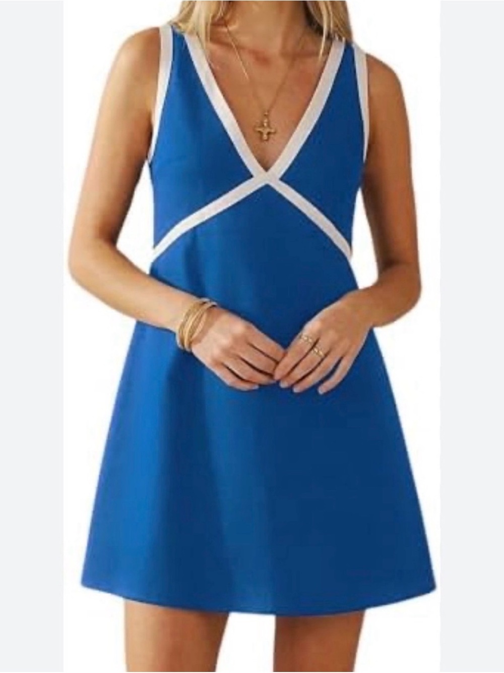 Commense Sleeveless Blue V-Neck A-Line Dress with White Trim